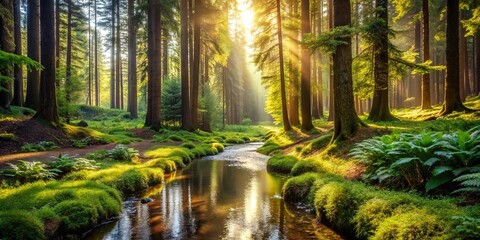 Obraz premium Sunlight Filtering Through a Canopy of Trees, Illuminating a Serpentine Stream, a Tranquil Tapestry of Green