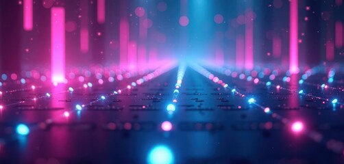 Abstract futuristic tech background. Vertical lines of purple, blue gradient lights. Glowing dots create vivid lighting effects. Modern design with glowing elements. Cyberpunk style. Digital art.