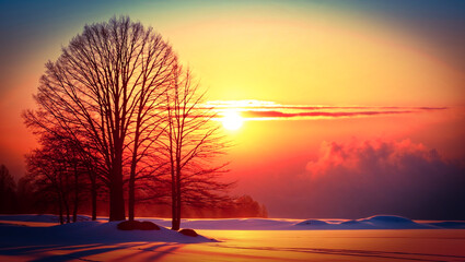 Snowy Land Field With A Setting Sun