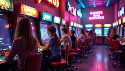 People enjoy retro arcade games in a neon-lit space. Many people play vintage video game machines. The atmosphere is lively and nostalgic. Games and lights evoke 80s and 90s gaming culture.