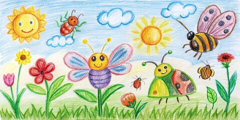 Obraz premium A Colorful Hand-Drawn Illustration of a Sunny Day Filled with Smiling Insects and Blooming Flowers