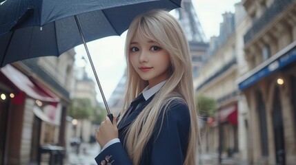Elegant blonde woman with umbrella in Parisian street.