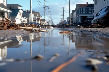 A flooded street in a neighborhood reflecting debris and destruction, highlighting the effects of heavy rainfall and the emotional turmoil of affected residents.