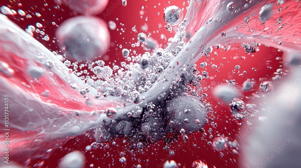 Poster a dynamic abstract image showcasing bubbles and fluid motion against a vibrant red backdrop, evoking