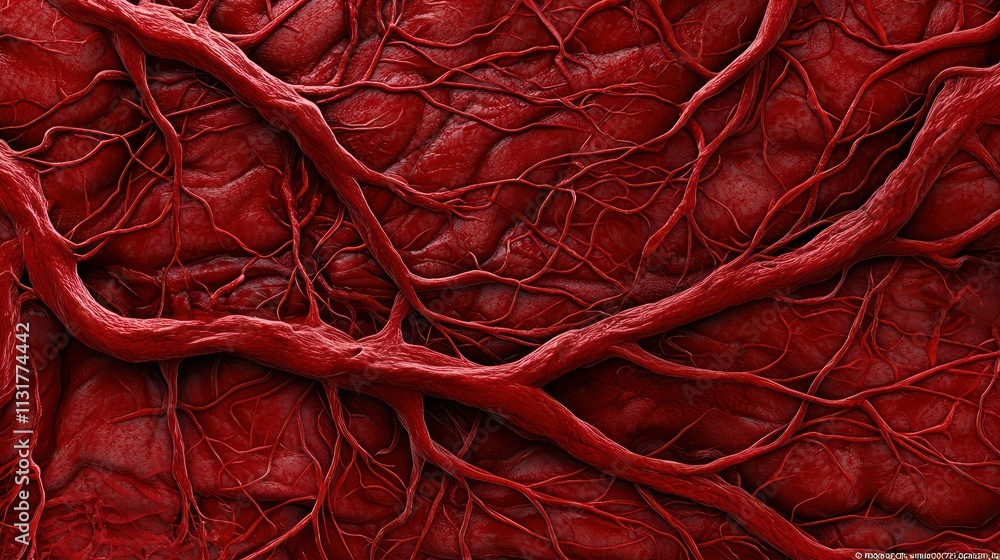 Poster a close-up view of intricate red blood vessels on a textured surface, illustrating the complexity of