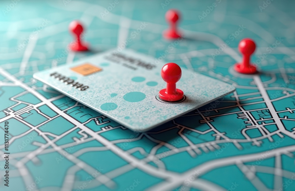Poster Digital map shows credit card with red pins marking locations. Likely conceptual image of using credit card to locate place business make payment. Could used to show area covered by company services