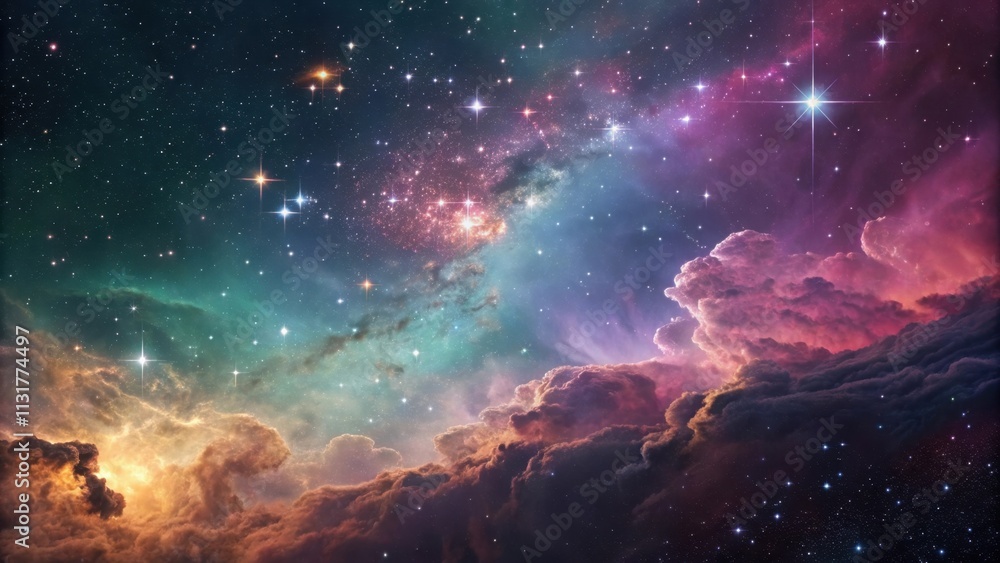 Poster vibrant nebula clouds swirling in a dazzling array of colors, illuminated by the radiant glow of cou