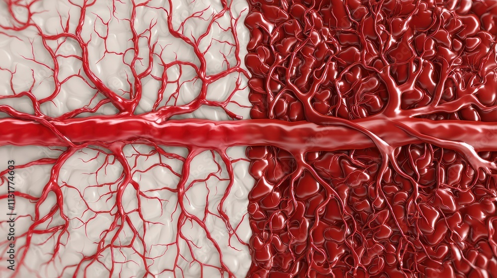 Poster an intricate, abstract depiction of red vascular-like structures spread across a surface, showcasing