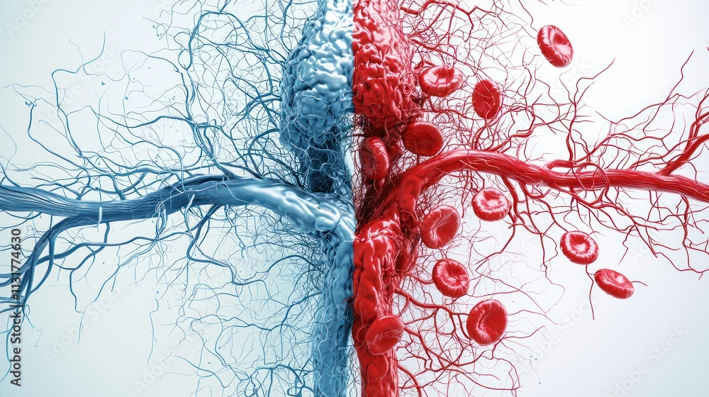 Poster a striking visualization of blue and red blood vessels merging, symbolizing the flow and interaction
