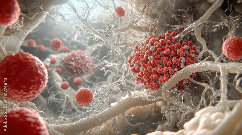 Aufkleber a detailed microscopic view featuring red cells and intricate networks, illustrating biological stru