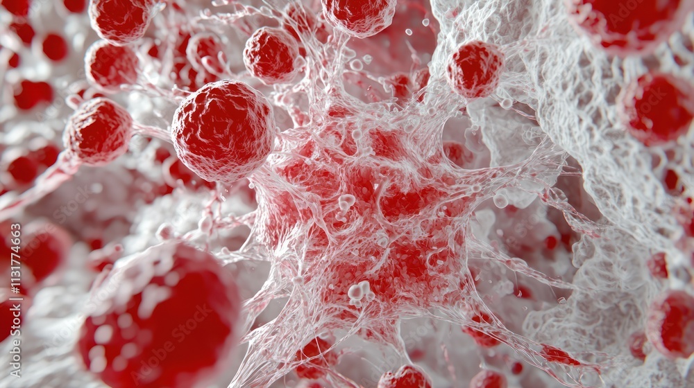 Poster a vibrant microscopic view showcasing red cells within a white, web-like structure, illustrating the