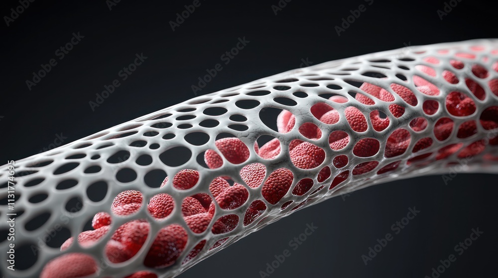 Poster a close-up view of a porous structure filled with red cells, illustrating a biological or scientific