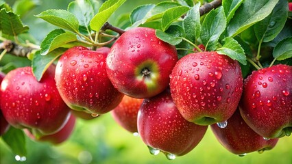 Obraz premium A cluster of vibrant red apples, glistening with dewdrops, hangs from a branch, showcasing nature's bounty and the promise of sweet harvest.