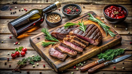 Fototapeta premium Grilled Striploin and Ribeye Steaks with Wine and Herbs - Top View Culinary Delight
