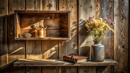 Obraz premium A rustic wooden shelf with a bottle, a dried flower bouquet in a vase, and a leather-bound book, bathed in the warm glow of sunlight.