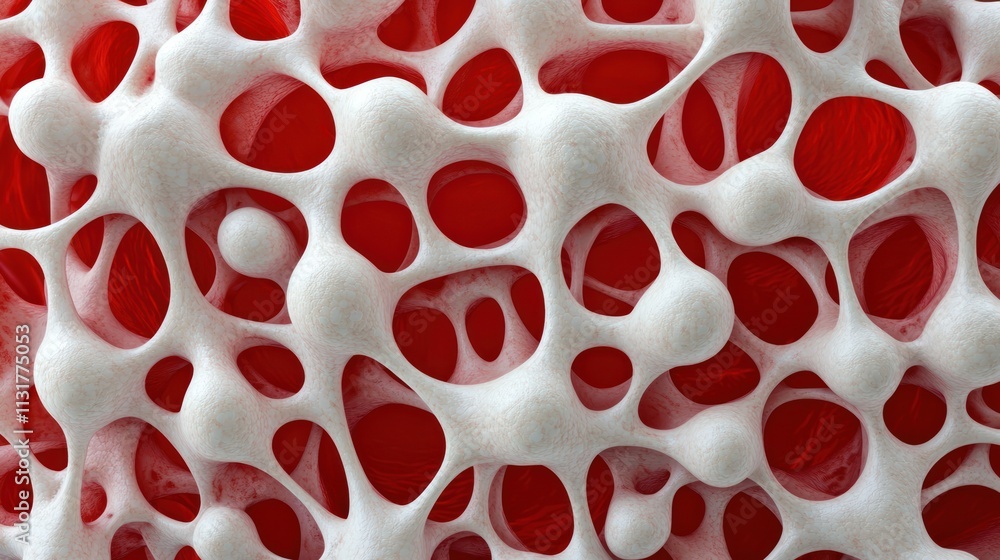 Poster an abstract close-up of a porous white structure against a vibrant red background, showcasing intric
