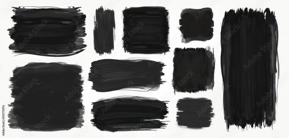 Poster Abstract hand-drawn black paint strokes arranged in various square, rectangular shapes. Simple design suitable for branding materials graphic design projects. Modern abstract art style. Great for