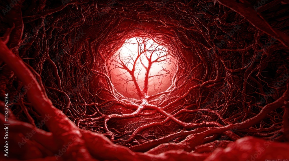 Poster a surreal view of a red-lit tunnel resembling veins, culminating in a tree-like structure, evoking t