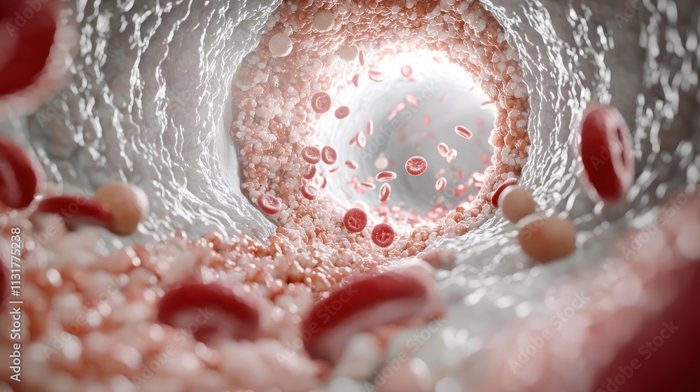 Poster a close-up view of red blood cells flowing through a blood vessel, illustrating the dynamics of circ