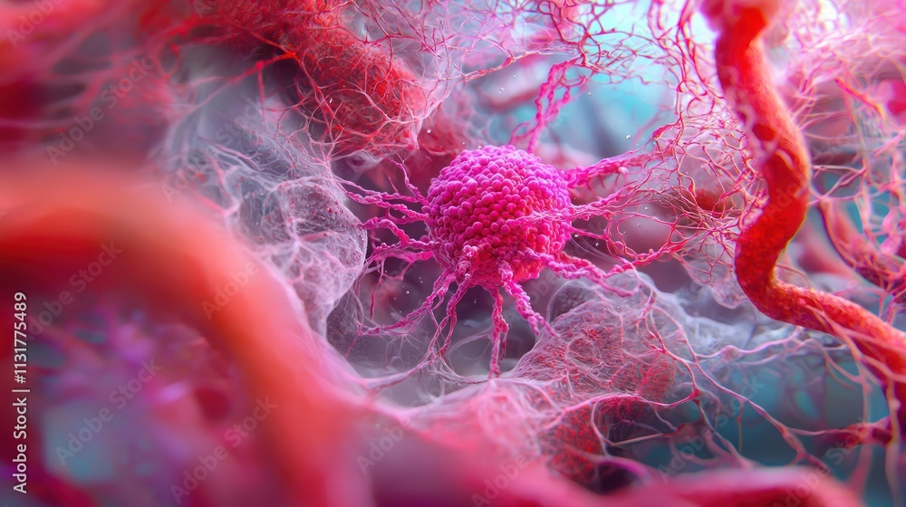 Poster a vibrant, microscopic view of interconnected cells and fibers, showcasing intricate patterns in sha