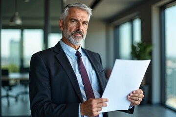 Fototapeta premium Senior executive in suit holding document symbolizing business merger, focused and determined in modern office setting with copy space for text or design.