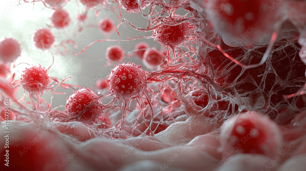 Poster a close-up view of red cells and fibers, depicting a complex biological structure, possibly related 