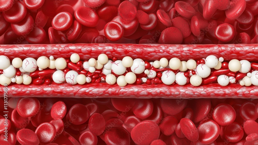 Poster a close-up view of red blood cells flowing through a blood vessel, surrounded by a mixture of other 