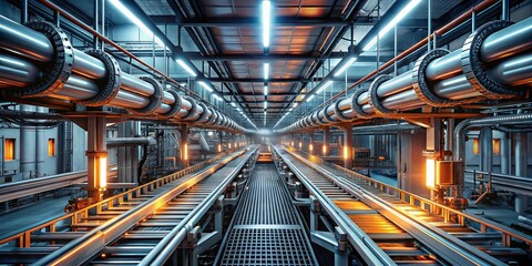 Fototapeta premium A steel labyrinth of glowing pipes and conveyor belts, guiding objects through the heart of an industrial process.