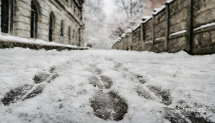 冬・雪の降り積もった道路　足跡と車の轍　踏み固められた雪道