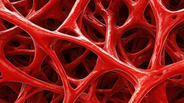 A close-up view of intricate red structures resembling blood vessels, showcasing a network of connected nodes and filaments.