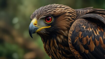 Fototapeta premium Close-up of a majestic eagle with intense red eyes and brown feathers.