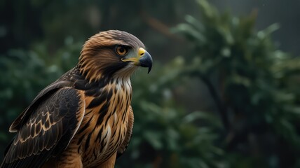 Fototapeta premium Close-up of a majestic hawk perched amidst lush green foliage.