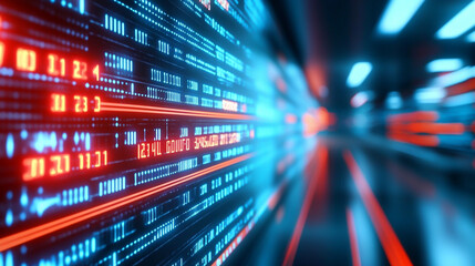 Abstract digital data tunnel with blue and red lights in a futuristic cyber concept.