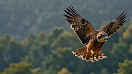 Fototapeta premium Majestic hawk in flight over forest.