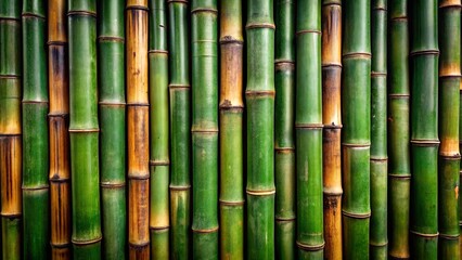 Naklejka premium A Close-Up View of a Wall Constructed of Smooth, Rounded, Green and Brown Bamboo Poles, Seamlessly Interwoven to Form a Sturdy and Elegant Architectural Element