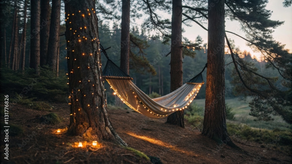 Poster comfortable hammock hanging between trees illuminated with string lights in a forest at sunset, crea