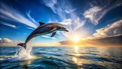 Fototapeta premium A dolphin leaps from the water, its silhouette outlined against the fiery glow of the setting sun, creating a breathtaking spectacle of nature's artistry.