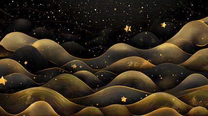 Obraz premium Luxurious black and gold starry pattern with waves, ideal for high-end wallpaper designs. Starry. Illustration