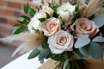 Obraz premium A captivating bridal bouquet featuring white and pink roses elegantly arranged with greenery elements, offering a perfect touch of romance and beauty on a special day.