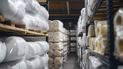 Obraz premium Industrial warehouse with rolls of textiles and materials on shelves.