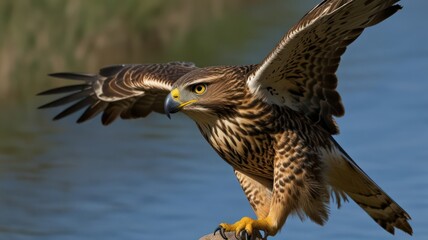 Fototapeta premium Majestic eagle landing near water.