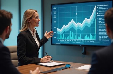 Businesswoman presents financial data on screen to colleagues in conference room. Team listens intently to presentation. Modern tech conference room. People analyze business charts. Presentation