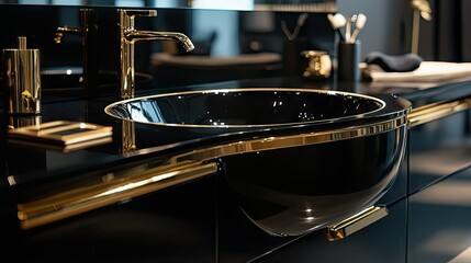 Glossy Black Sink with Elegant Gold Accents