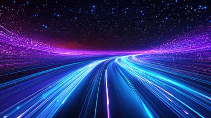 Fototapeta premium High-speed road with blue and purple light trails in a space background, a futuristic technology concept
