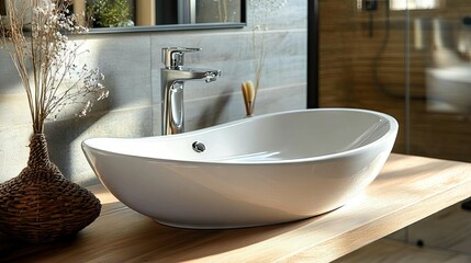 Fototapeta premium Elegant White Ceramic Sink in Modern Bathroom Setting