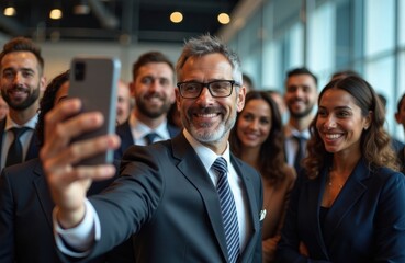 Business leader takes group selfie with diverse colleagues at conference. Team collaboration, unity symbolized. Happy business people gather for photo. Modern business meeting. Pro business people.