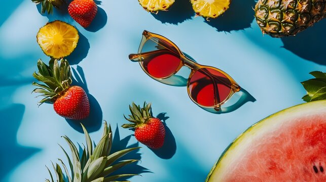 Summer Sunglasses Fruit And Bright Blue Background
