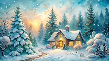 A Cozy Cabin Nestled in a Snowy Forest, Bathed in the Warm Glow of Sunset Light, Where Winter's Silence Creates a Peaceful Ambiance