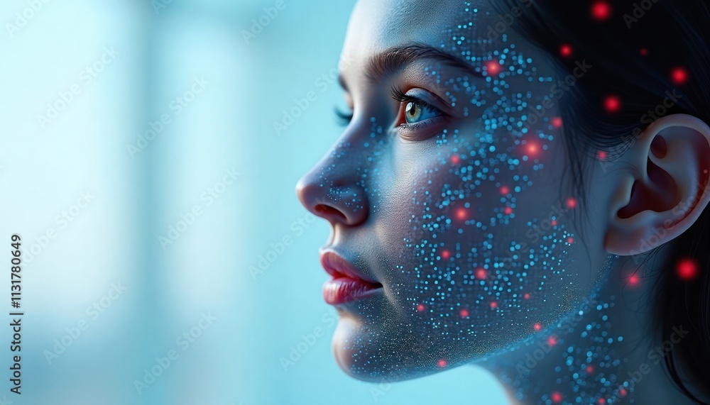 Leinwandbilder Woman face with tech details. Advanced tech analyzing facial features. AI tech face detection process. Future security system. Modern security tech. Facial recognition.