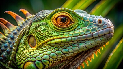 Fototapeta premium Close-up of a Green Iguana's Eye with a Detailed View of its Scaly Skin and Sharp Teeth